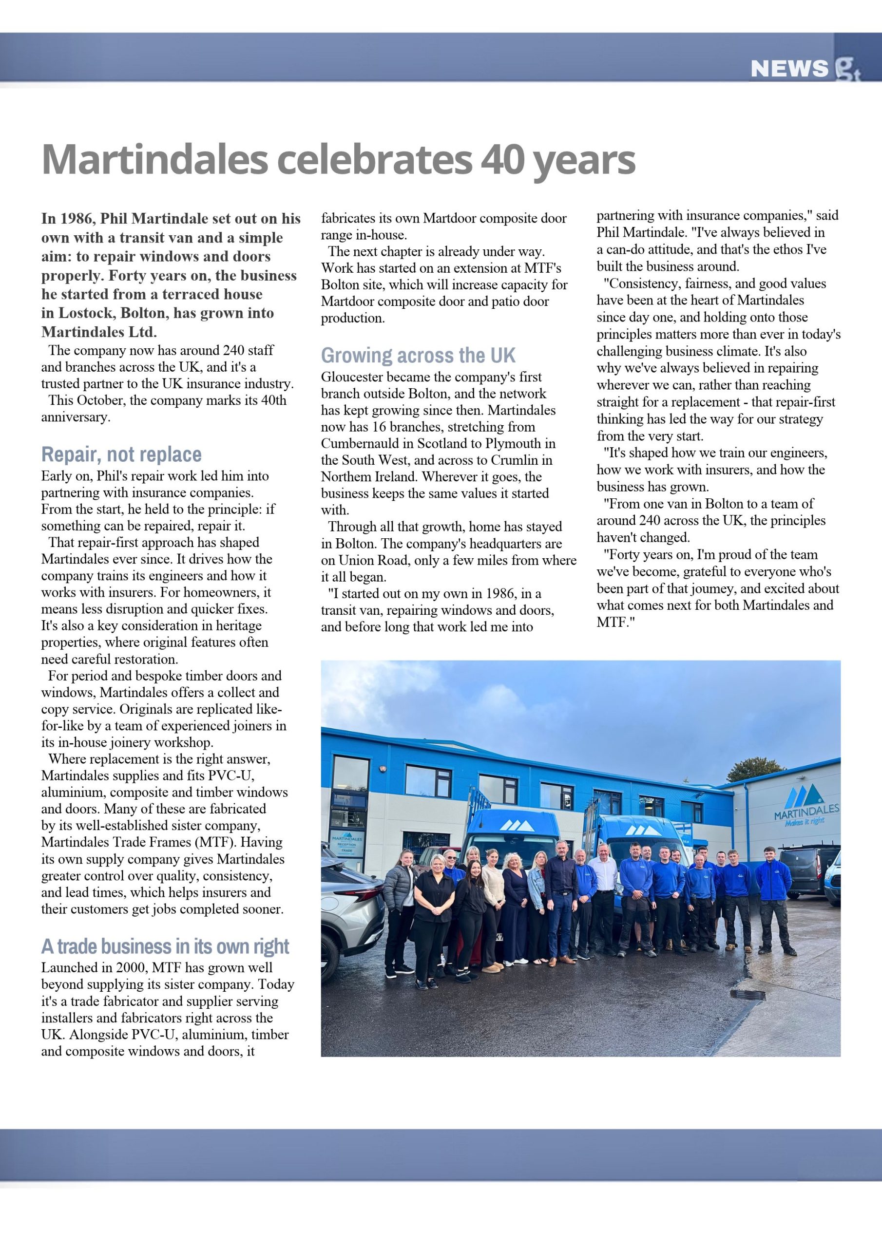 The Glass Times feature on Martindales’ 40 years, with a photo of the team outside the Union Road HQ in Bolton